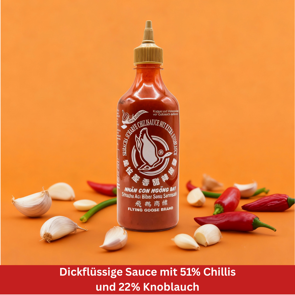 Sriracha scharf Knoblauch Zutaten Stillife